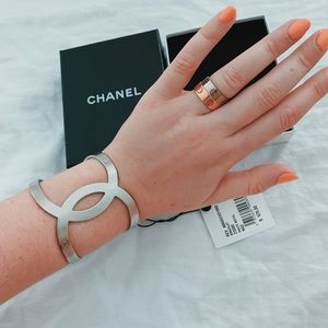 White Metal CC Logo Chanel Cuff Bracelet